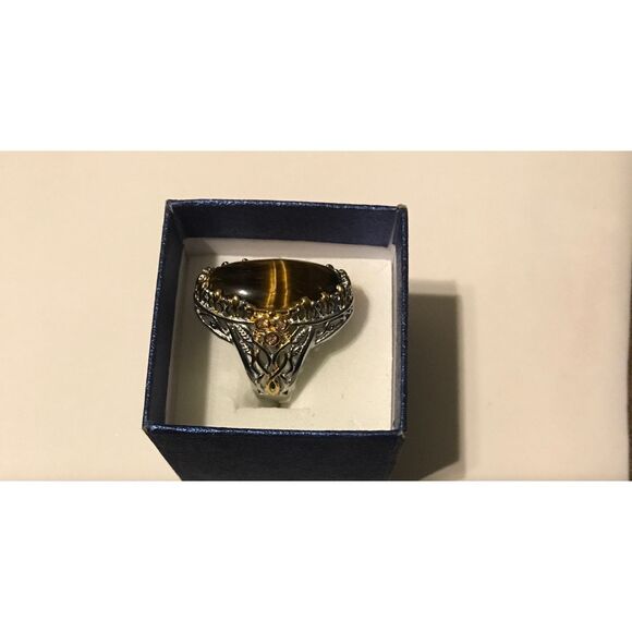 Gorgeous 30 Carat Genuine African Tiger Eye Gemstone Filigree Ring Sz 8 - Picture 4 of 5